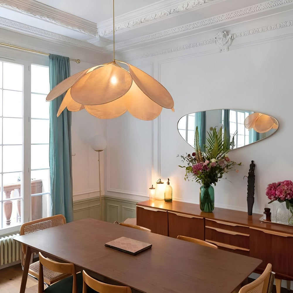Hanging Ceiling Fixture Floral Textile Shade 31.5 Inch Diameter Cream Adjustable Cable E27 Socket Modern Vintage Dining Room Bedroom Lightin
