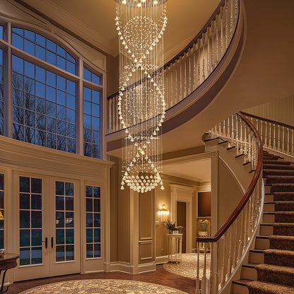 Spiral Crystal Chandelier with Cascading Pendant Drops – Adjustable Height Statement Lighting for Tall Ceilings, Entryways & Staircases