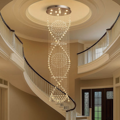Spiral Crystal Chandelier with Cascading Pendant Drops – Adjustable Height Statement Lighting for Tall Ceilings, Entryways & Staircases