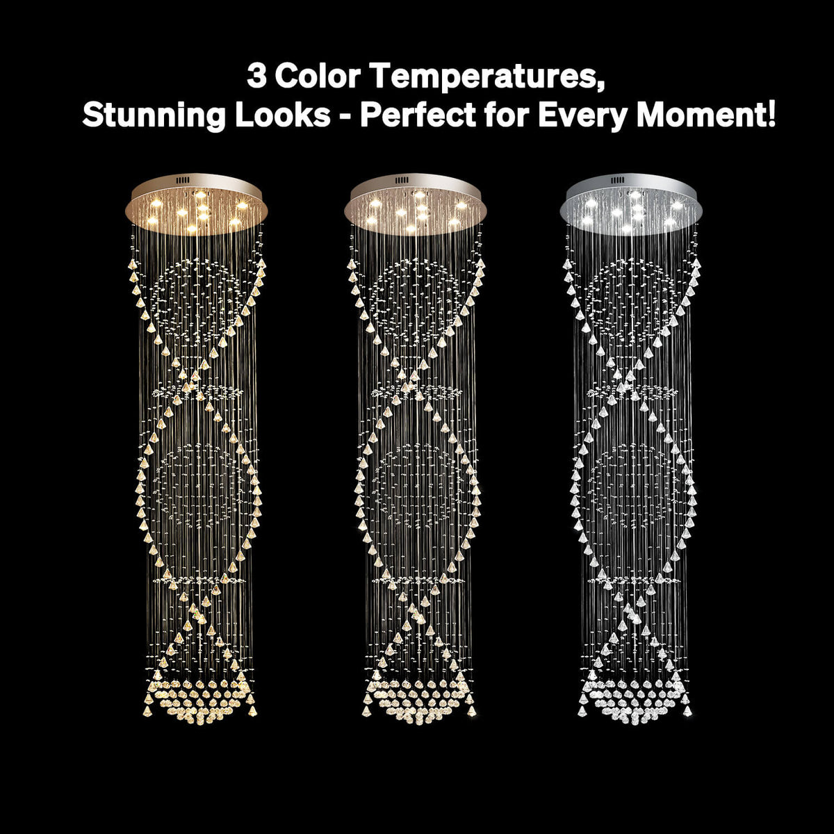 Spiral Crystal Chandelier with Cascading Pendant Drops – Adjustable Height Statement Lighting for Tall Ceilings, Entryways & Staircases
