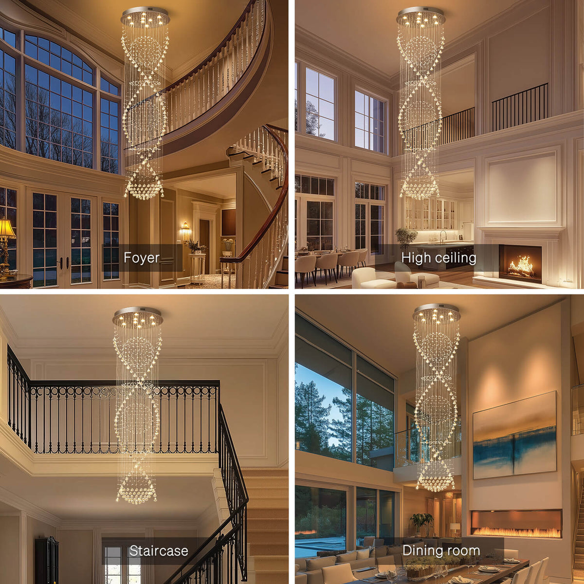 Spiral Crystal Chandelier with Cascading Pendant Drops – Adjustable Height Statement Lighting for Tall Ceilings, Entryways & Staircases