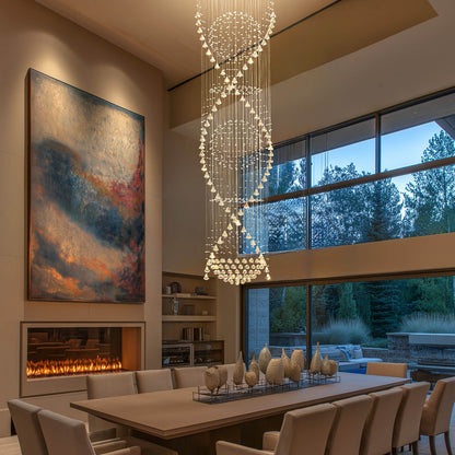 Spiral Crystal Chandelier with Cascading Pendant Drops – Adjustable Height Statement Lighting for Tall Ceilings, Entryways & Staircases