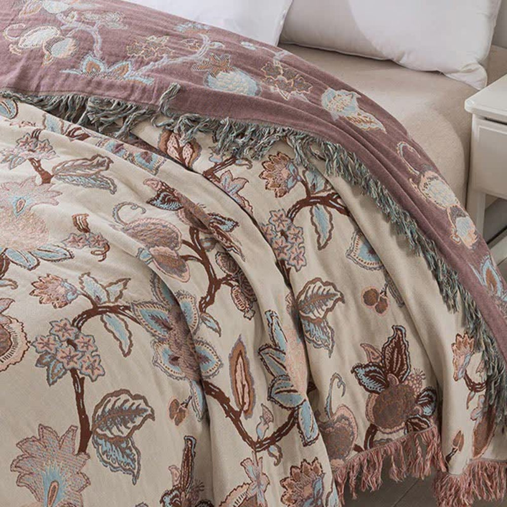 Orion Floral Bed Blanket - Cotton, Jacquard Design with Tassel Trim