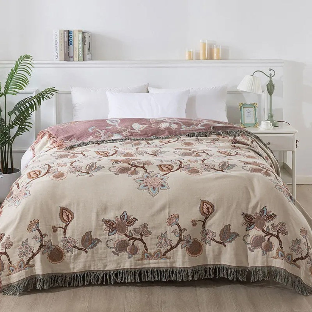 Orion Floral Bed Blanket - Cotton, Jacquard Design with Tassel Trim