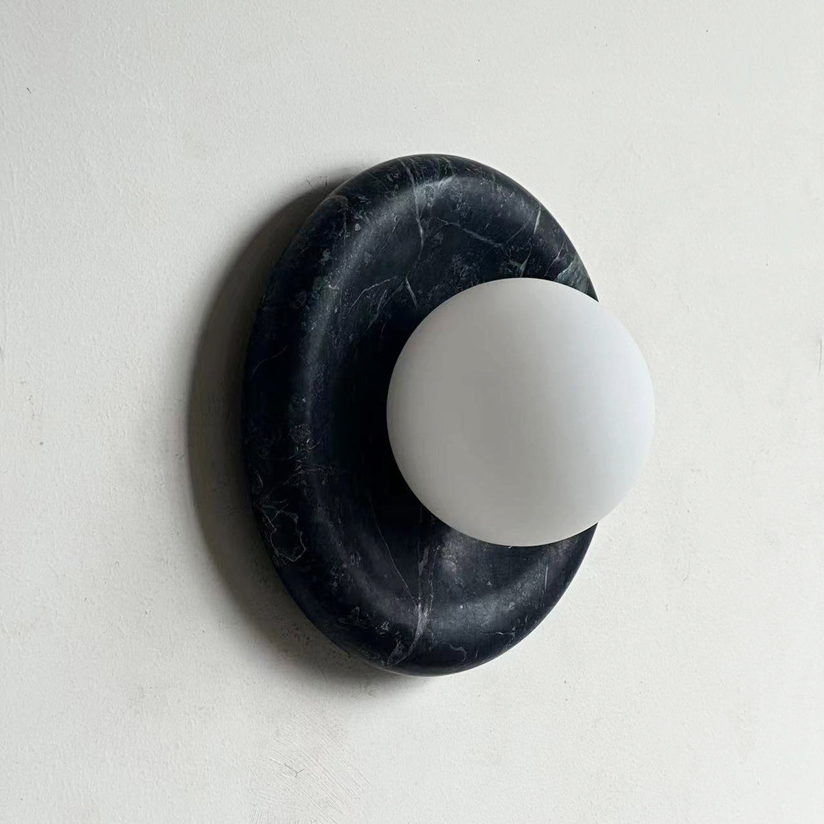 Round Glass Wall Sconce with Curved Marble Backplate for Living Room, Bedroom & Hallway – Hardwired Modern Indoor Light Fixture