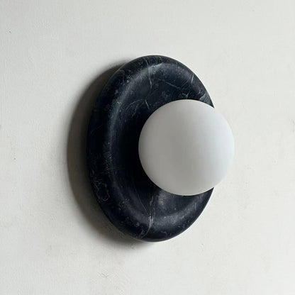 Round Glass Wall Sconce with Curved Marble Backplate for Living Room, Bedroom & Hallway – Hardwired Modern Indoor Light Fixture
