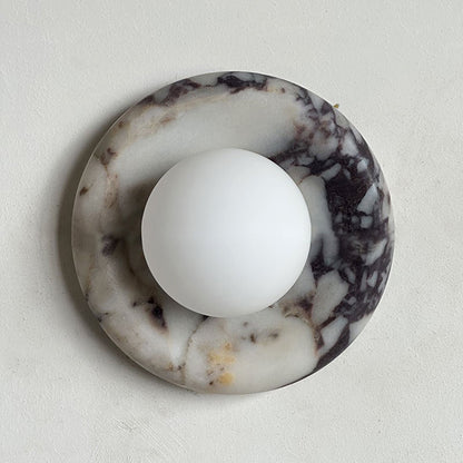 Round Glass Wall Sconce with Curved Marble Backplate for Living Room, Bedroom & Hallway – Hardwired Modern Indoor Light Fixture
