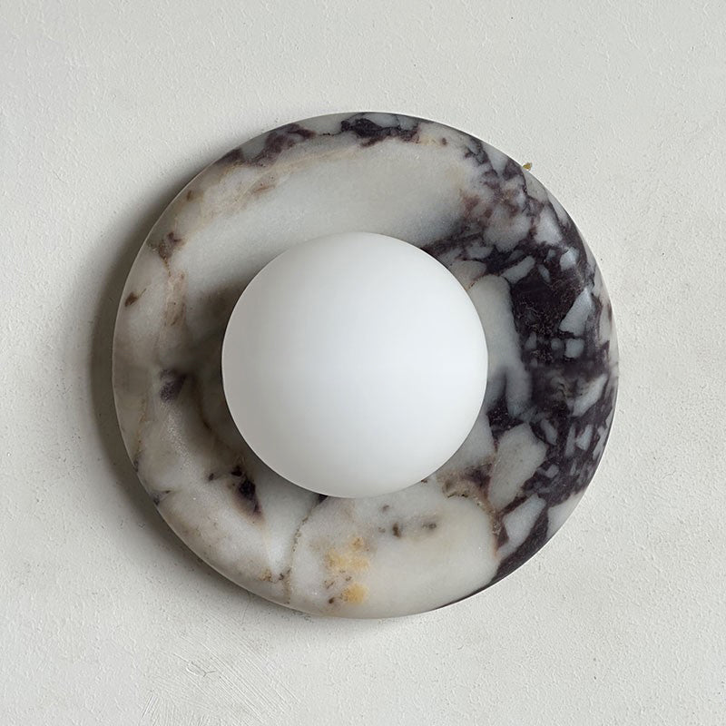 Round Glass Wall Sconce with Curved Marble Backplate for Living Room, Bedroom & Hallway – Hardwired Modern Indoor Light Fixture