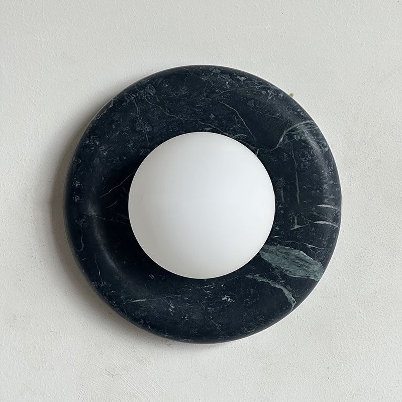 Round Glass Wall Sconce with Curved Marble Backplate for Living Room, Bedroom & Hallway – Hardwired Modern Indoor Light Fixture