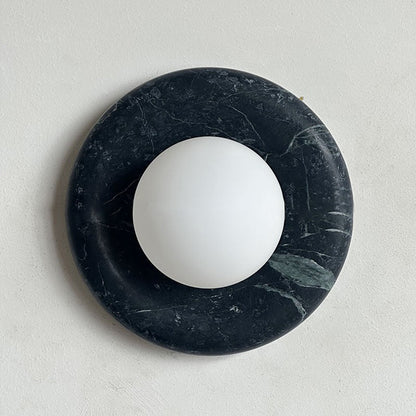 Round Glass Wall Sconce with Curved Marble Backplate for Living Room, Bedroom & Hallway – Hardwired Modern Indoor Light Fixture