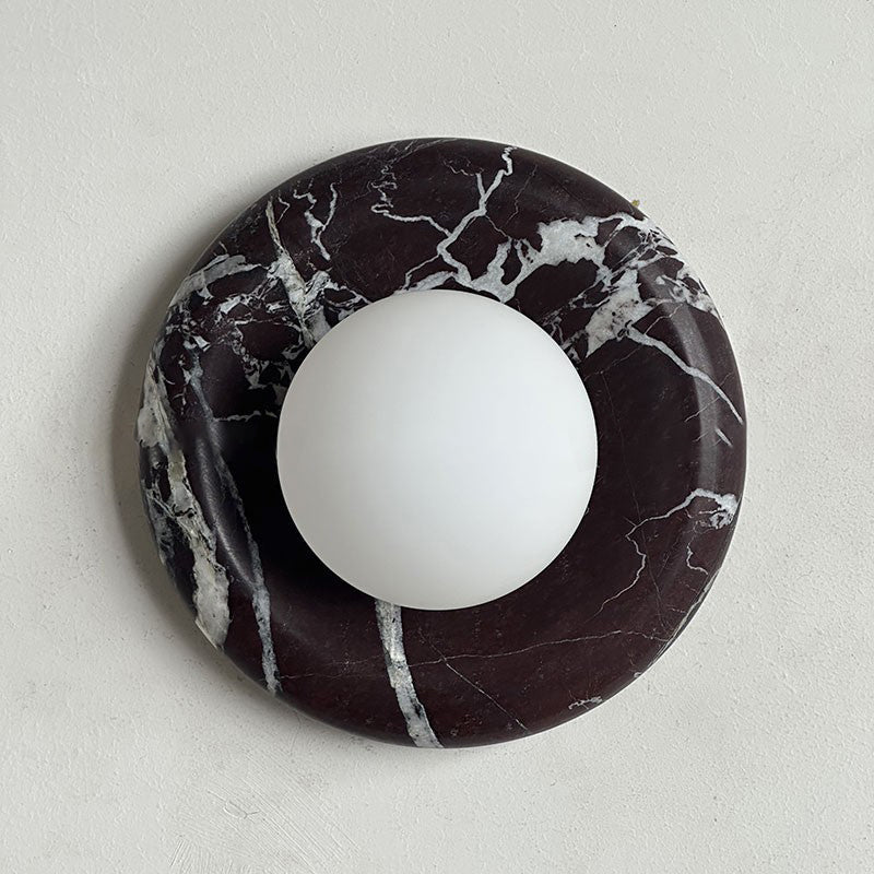 Round Glass Wall Sconce with Curved Marble Backplate for Living Room, Bedroom & Hallway – Hardwired Modern Indoor Light Fixture