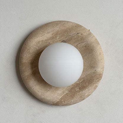 Round Glass Wall Sconce with Curved Marble Backplate for Living Room, Bedroom & Hallway – Hardwired Modern Indoor Light Fixture