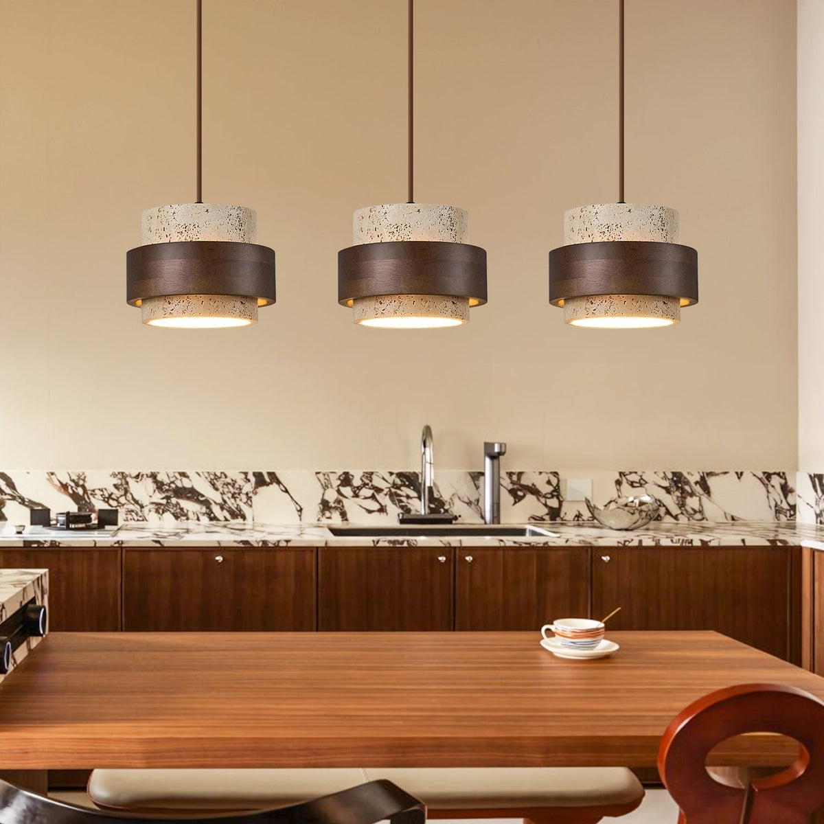 Natural Stone Hanging Fixture with Walnut Accent & Adjustable 59-Inch Cord for Dining Table, Kitchen Counter & Modern Living Spaces