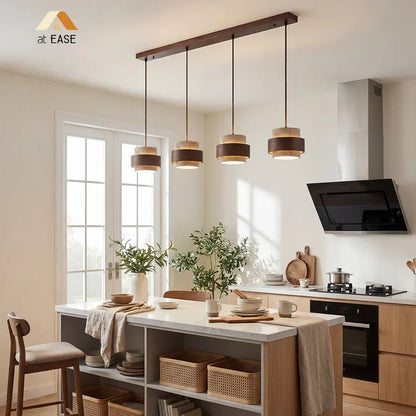 Natural Stone Hanging Fixture with Walnut Accent & Adjustable 59-Inch Cord for Dining Table, Kitchen Counter & Modern Living Spaces