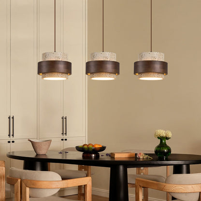 Natural Stone Hanging Fixture with Walnut Accent & Adjustable 59-Inch Cord for Dining Table, Kitchen Counter & Modern Living Spaces