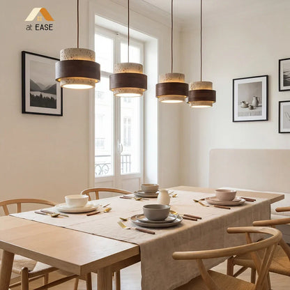 Natural Stone Hanging Fixture with Walnut Accent & Adjustable 59-Inch Cord for Dining Table, Kitchen Counter & Modern Living Spaces