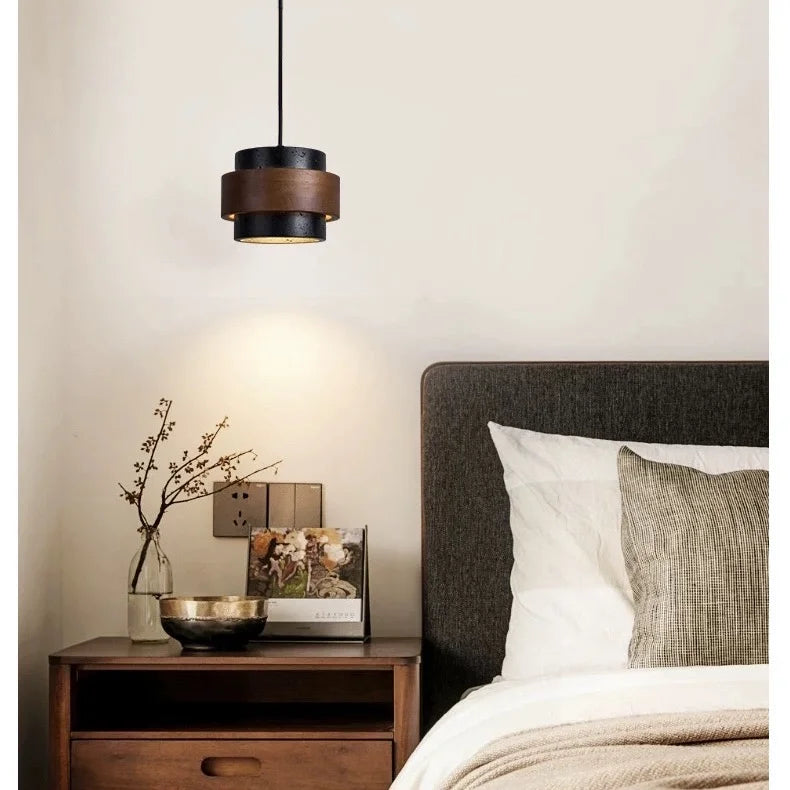 Natural Stone Hanging Fixture with Walnut Accent & Adjustable 59-Inch Cord for Dining Table, Kitchen Counter & Modern Living Spaces