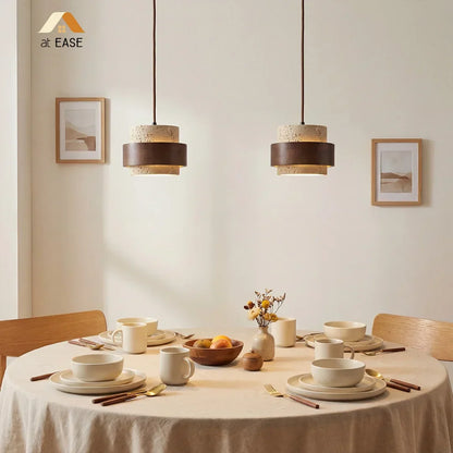 Natural Stone Hanging Fixture with Walnut Accent & Adjustable 59-Inch Cord for Dining Table, Kitchen Counter & Modern Living Spaces
