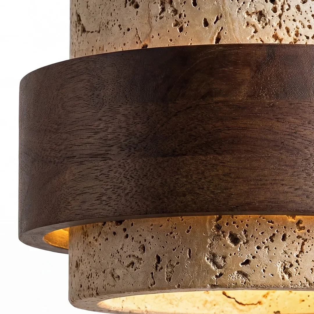 Natural Stone Hanging Fixture with Walnut Accent & Adjustable 59-Inch Cord for Dining Table, Kitchen Counter & Modern Living Spaces