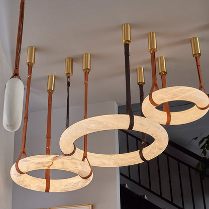LED Ring Ceiling Fixture in Alabaster Stone – Adjustable Halo Chandelier for Open Dining Areas, Great Rooms & Hospitality – 47 in Circle Sus