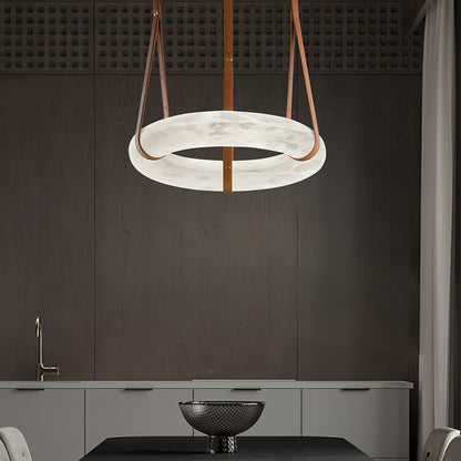 LED Ring Ceiling Fixture in Alabaster Stone – Adjustable Halo Chandelier for Open Dining Areas, Great Rooms & Hospitality – 47 in Circle Sus