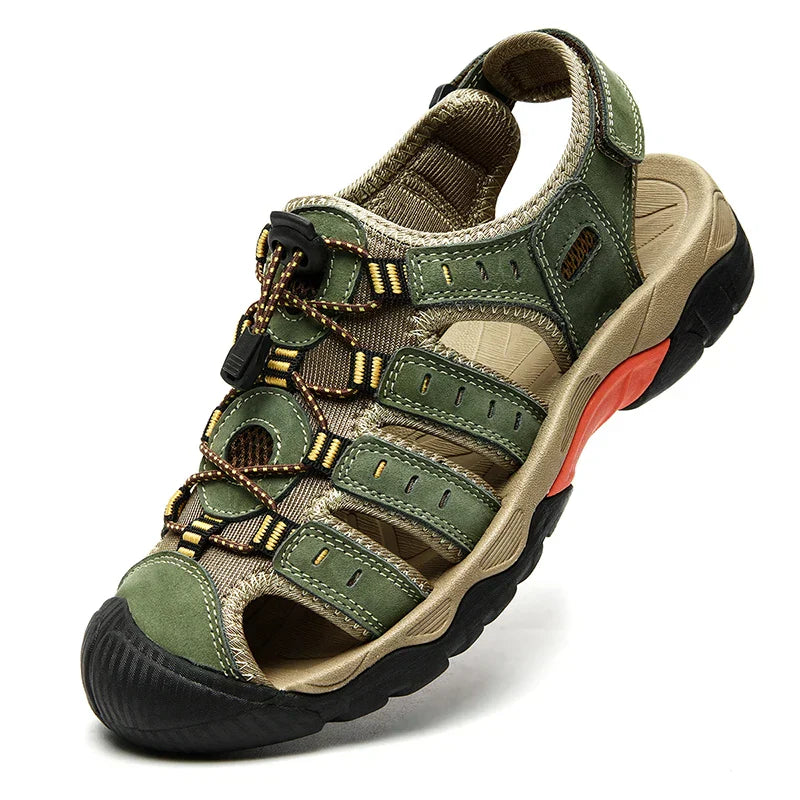 Mens Sandals, Genuine Leather Sandals with Elastic Strap, Comfortable Hiking Sandals for Walking and Summer