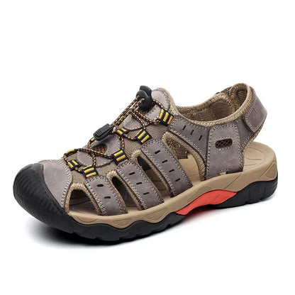 Mens Sandals, Genuine Leather Sandals with Elastic Strap, Comfortable Hiking Sandals for Walking and Summer