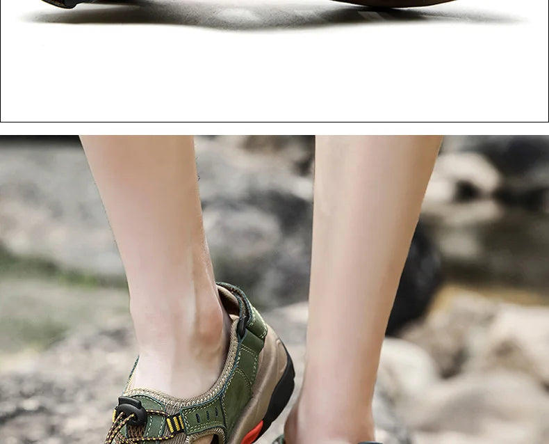 Outdoor Sandals | Genuine Leather Hiking Sandals with Elastic Strap | Comfortable Casual Footwear for Summer Adventures