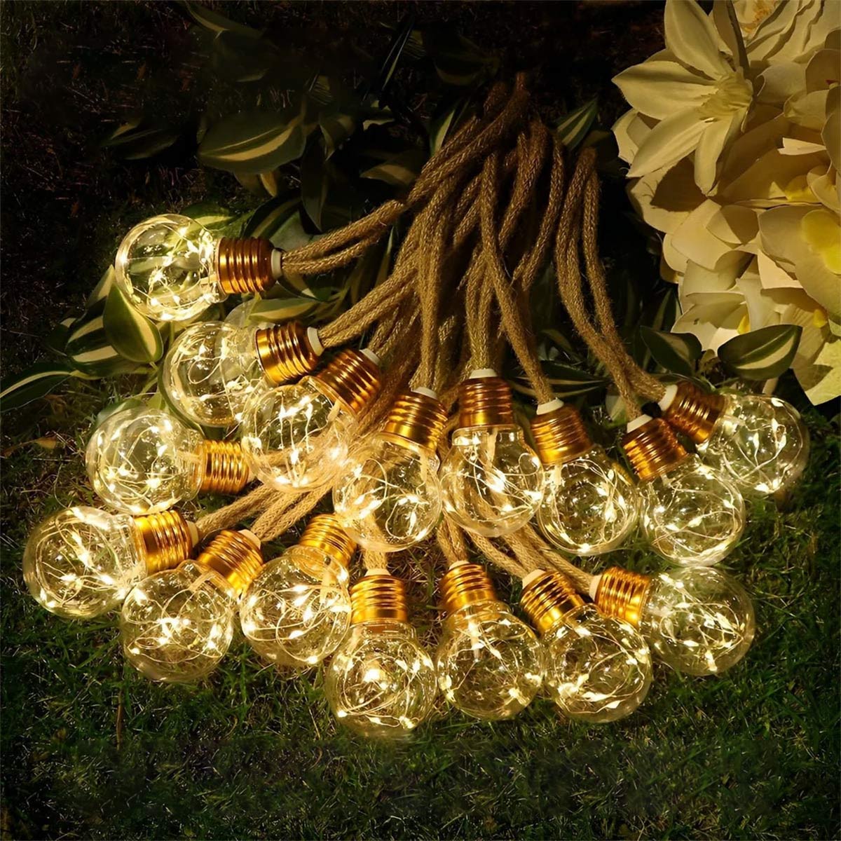 Solar Garden String Lights with Vintage LED Filament Bulbs – Weatherproof Jute Rope Design for Patios, Decks & Outdoor Entertaining
