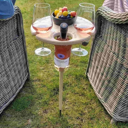 Portable Wine Table for Outdoor Picnics – Holds 2 Glasses, Bottle & Snacks | Stakes into Grass or Sand