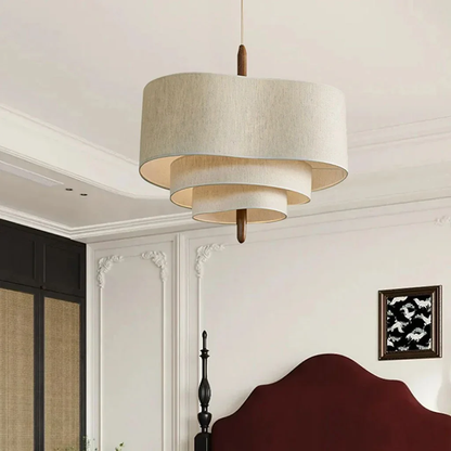 Layered Fabric Ceiling Light 23 in Beige with Wood Accent for Dining Room | Natural Texture Drop Lamp E27 Socket Adjustable Cord Height | Wa