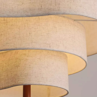 Layered Fabric Ceiling Light 23 in Beige with Wood Accent for Dining Room | Natural Texture Drop Lamp E27 Socket Adjustable Cord Height | Wa