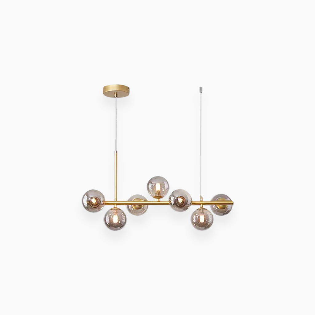 Globe Pendant Light 7-Bulb Island Chandelier Gold Metal Frame Clear Amber Smoky Glass Spheres Linear Hanging Fixture Kitchen Dining Room Tab