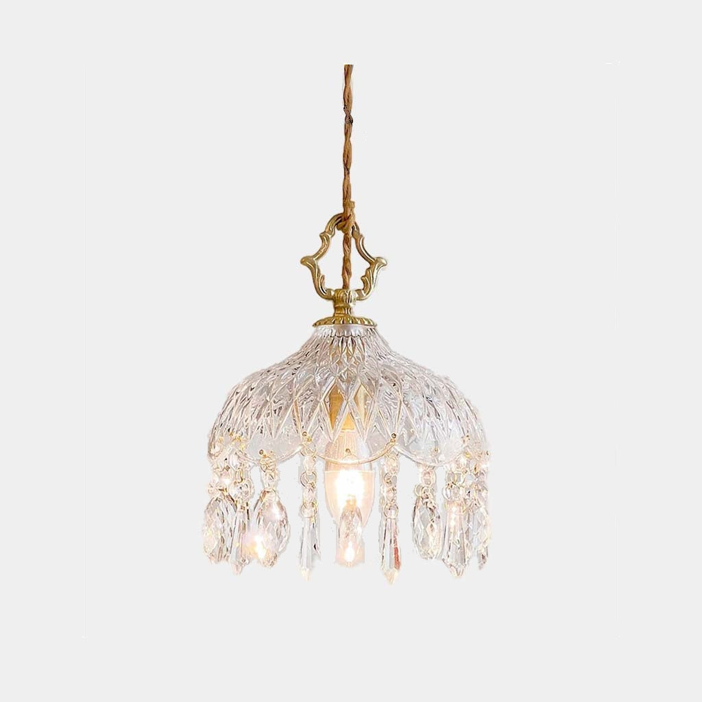 Hanging Ceiling Fixture with Textured Crystal Shade & Brass Frame for Kitchen Island, Entryway, Bedroom – Sculptural Vintage-Inspired Overhe