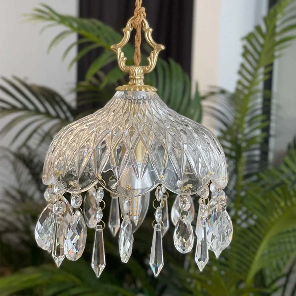 Hanging Ceiling Fixture with Textured Crystal Shade & Brass Frame for Kitchen Island, Entryway, Bedroom – Sculptural Vintage-Inspired Overhe