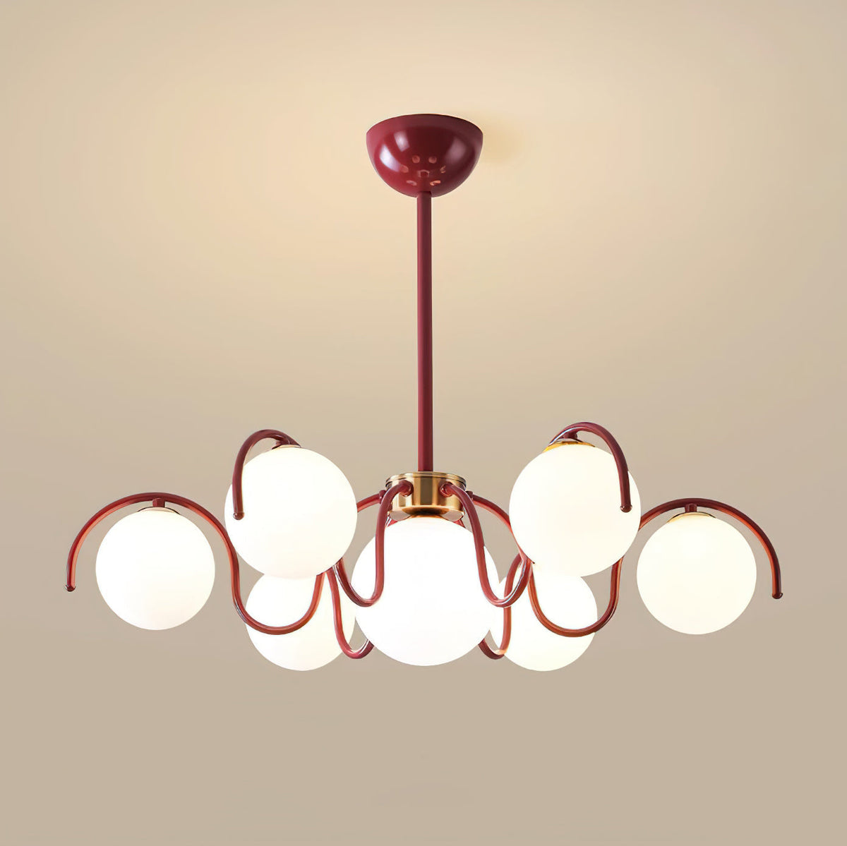 Multi-Arm Glass Globe Ceiling Light 30 Inch Spread Red Metal Kitchen Island Chandelier for Dining Table Modern Branch Fixture Indoor Hanging