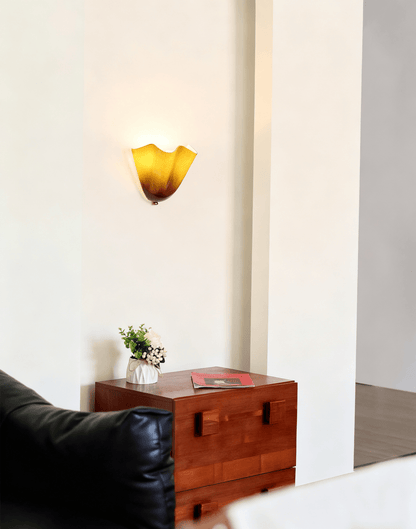 Indoor Sconce with Sculptural Glass Shade in Warm Tones – Metal Frame LED-Compatible – Wall-Mounted Accent for Bedrooms Hallways Living Spac