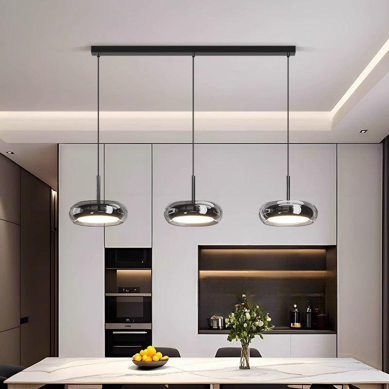 Three-Light Linear Hanging Lamp for Island & Dining Table Black Iron Glass Adjustable Cable 8 in Shade LED Fixture Modern Kitchen Ceiling Li