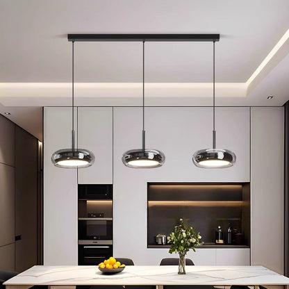 Three-Light Linear Hanging Lamp for Island & Dining Table Black Iron Glass Adjustable Cable 8 in Shade LED Fixture Modern Kitchen Ceiling Li