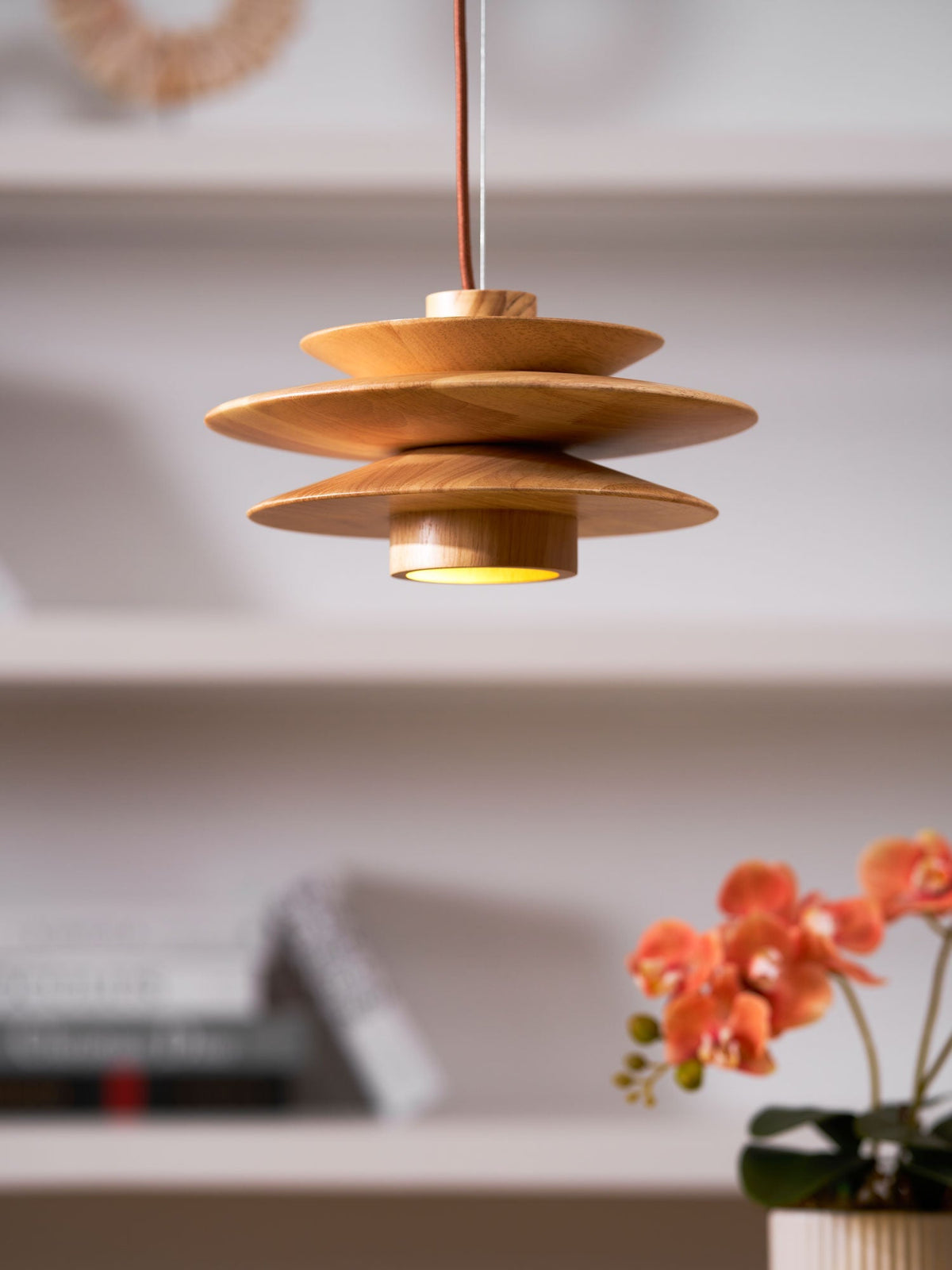 Layered Wood Ceiling Fixture 12 Inch Round Adjustable Height GU10 Socket Dimmable Hanging Lamp for Kitchen Island Table Overhead Lighting Co