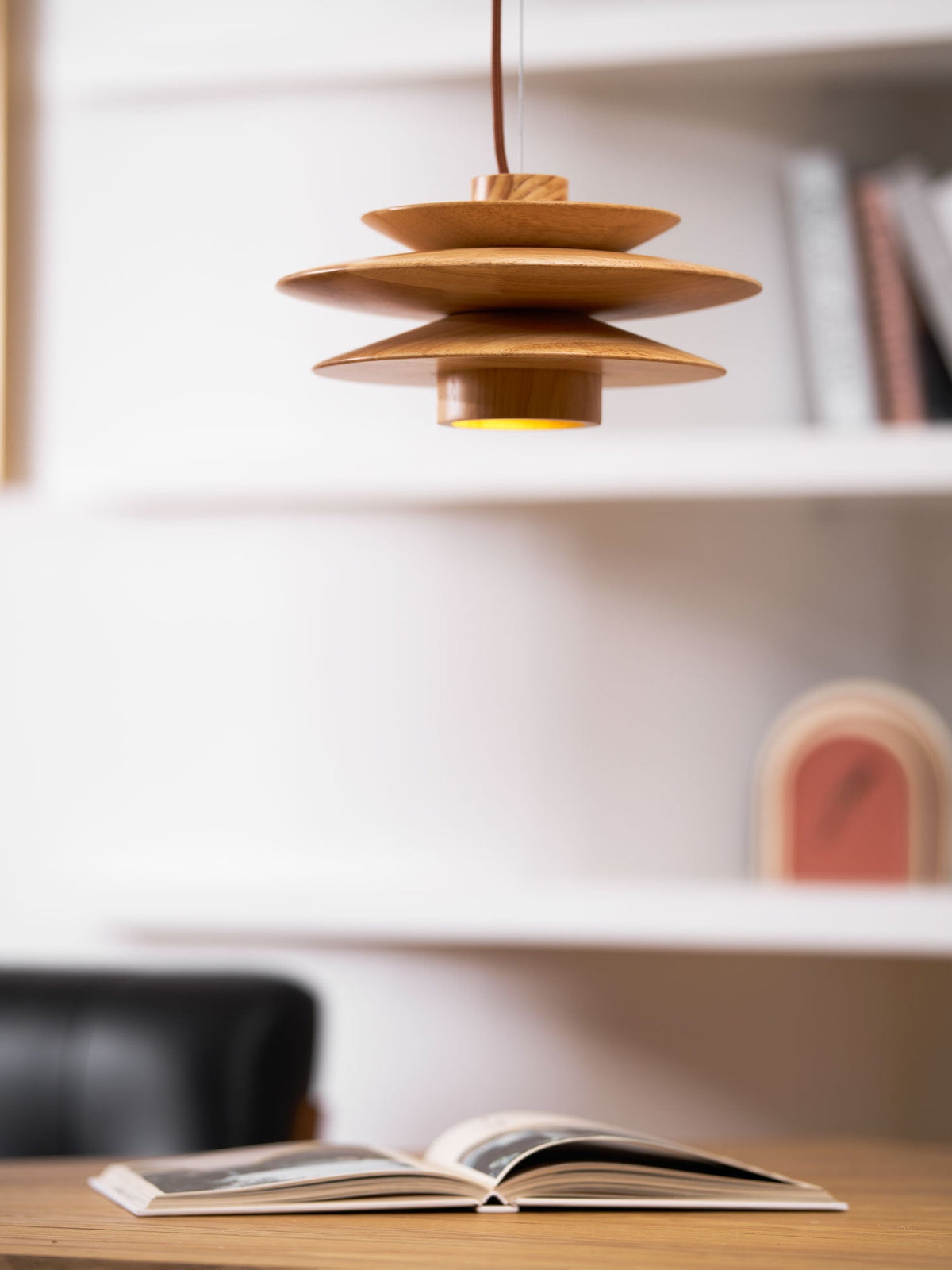 Layered Wood Ceiling Fixture 12 Inch Round Adjustable Height GU10 Socket Dimmable Hanging Lamp for Kitchen Island Table Overhead Lighting Co