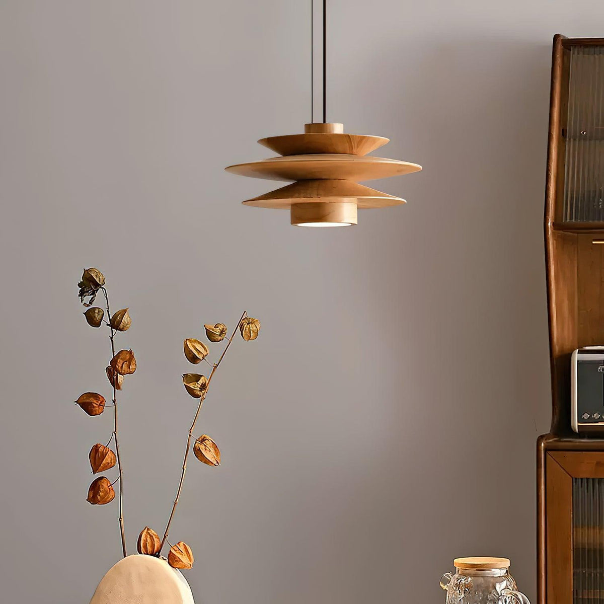 Layered Wood Ceiling Fixture 12 Inch Round Adjustable Height GU10 Socket Dimmable Hanging Lamp for Kitchen Island Table Overhead Lighting Co