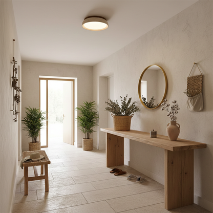 Stone Flush Mount Light Fixture 12 Inch Natural Travertine LED Overhead for Bedroom Hallway Bathroom Minimalist Round Warm Glow Wall or Ceil