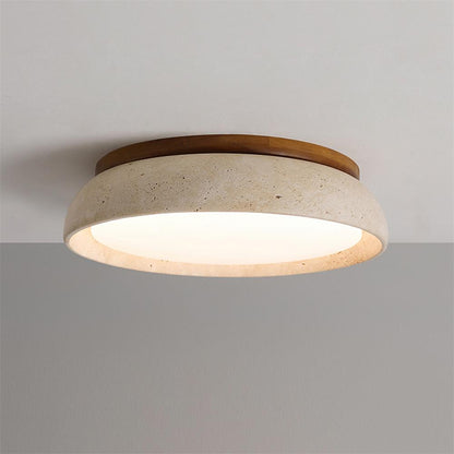 Natural Stone Flush Mount Ceiling Light – Travertine & Wood – 12 to 22 Inch – Warm White LED – for Bedroom, Living Room & Dining Room