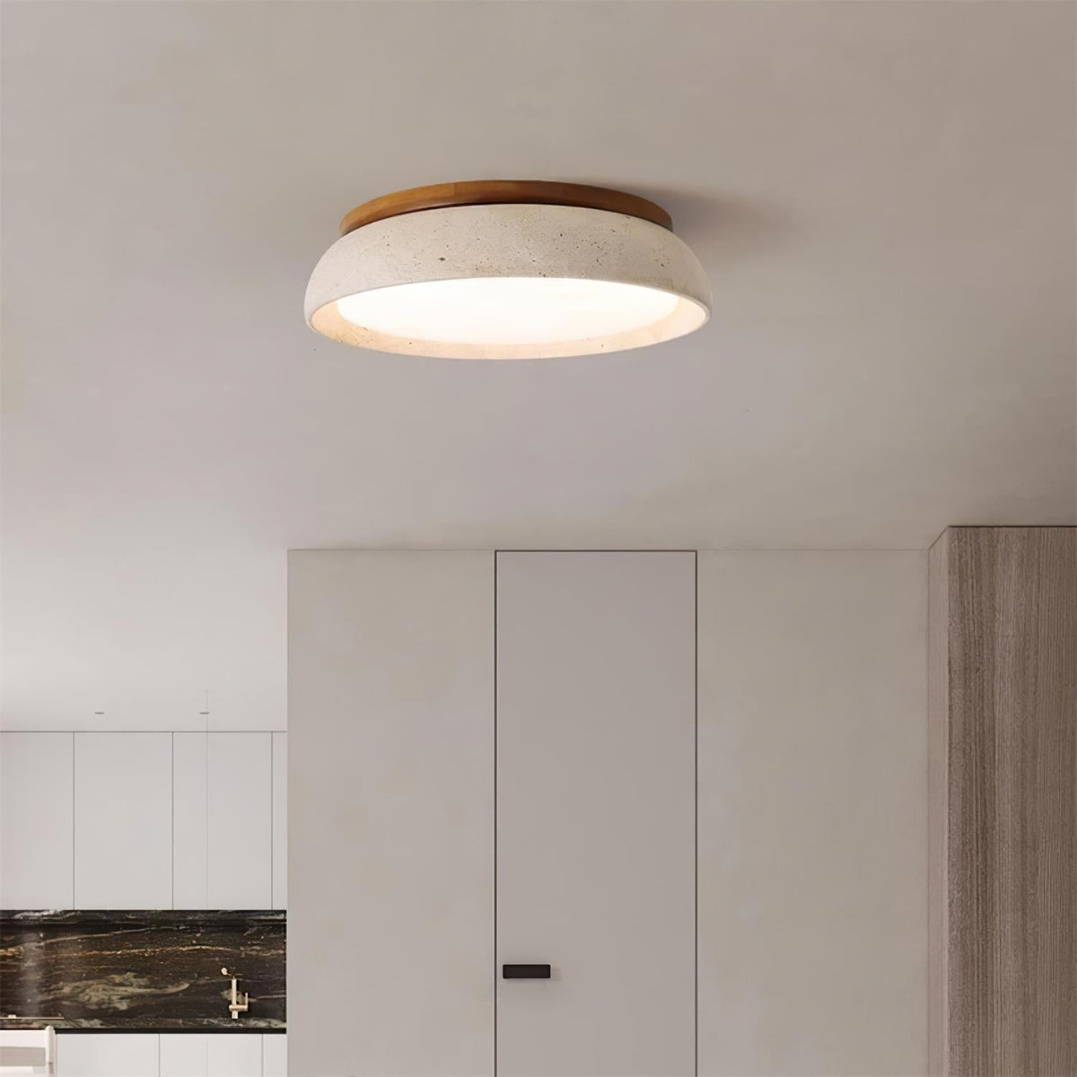 Stone Flush Mount Light Fixture 12 Inch Natural Travertine LED Overhead for Bedroom Hallway Bathroom Minimalist Round Warm Glow Wall or Ceil