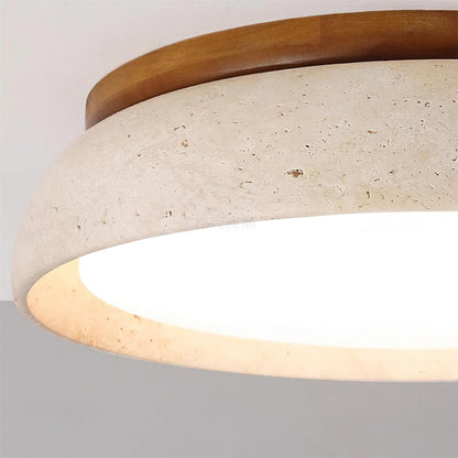 Natural Stone Flush Mount Ceiling Light – Travertine & Wood – 12 to 22 Inch – Warm White LED – for Bedroom, Living Room & Dining Room