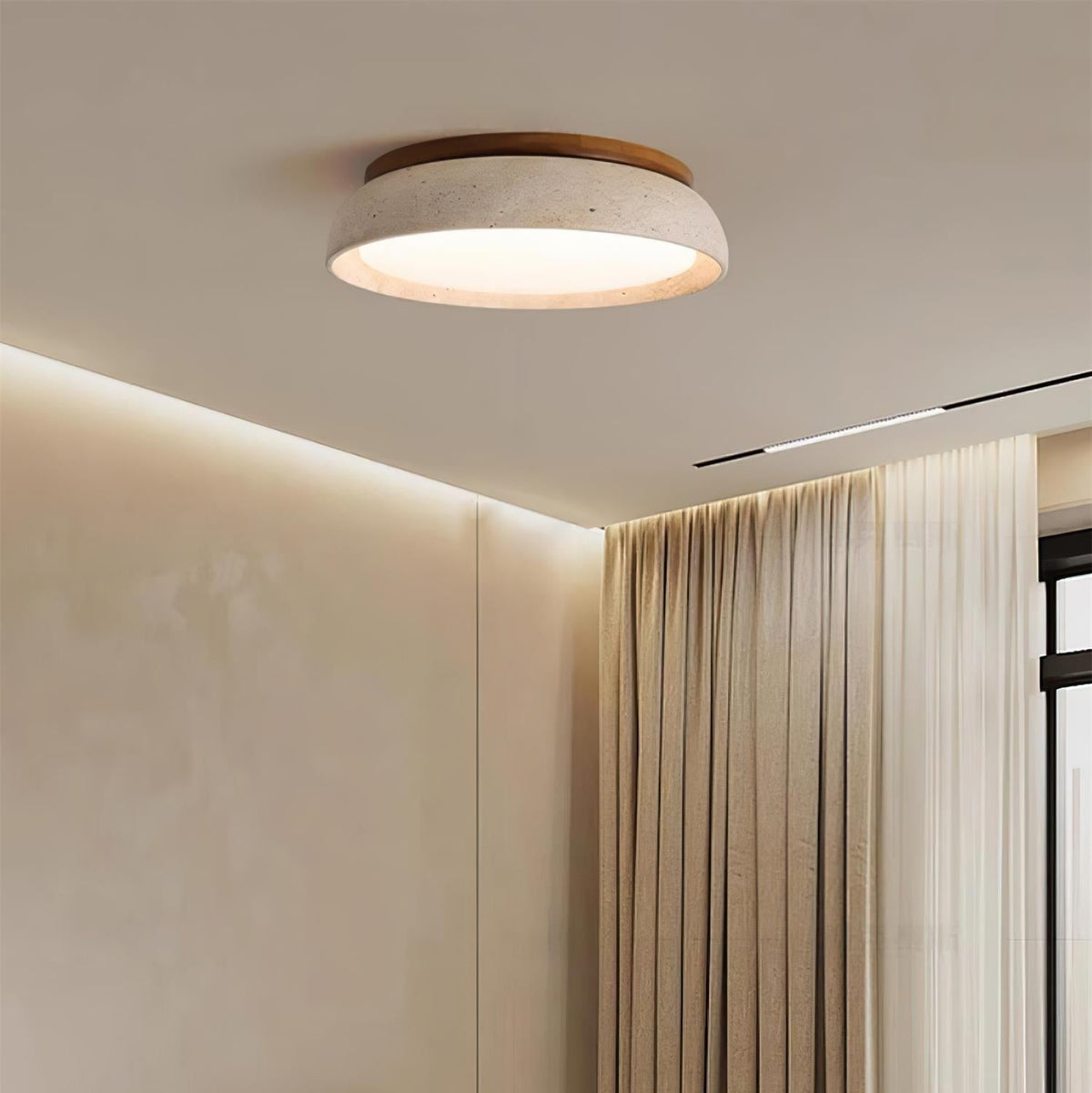 Natural Stone Flush Mount Ceiling Light – Travertine & Wood – 12 to 22 Inch – Warm White LED – for Bedroom, Living Room & Dining Room