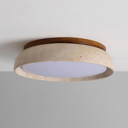 Stone Flush Mount Light Fixture 12 Inch Natural Travertine LED Overhead for Bedroom Hallway Bathroom Minimalist Round Warm Glow Wall or Ceil