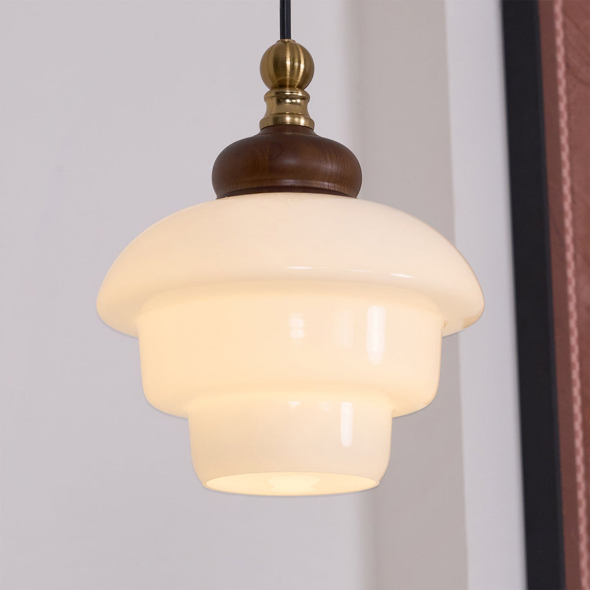 Glass Shade Hanging Lamp 6.3 Inch with Wood Accent for Kitchen Island Dining Table Overhead Fixture E26 Socket Adjustable Cord Dimmable Comp
