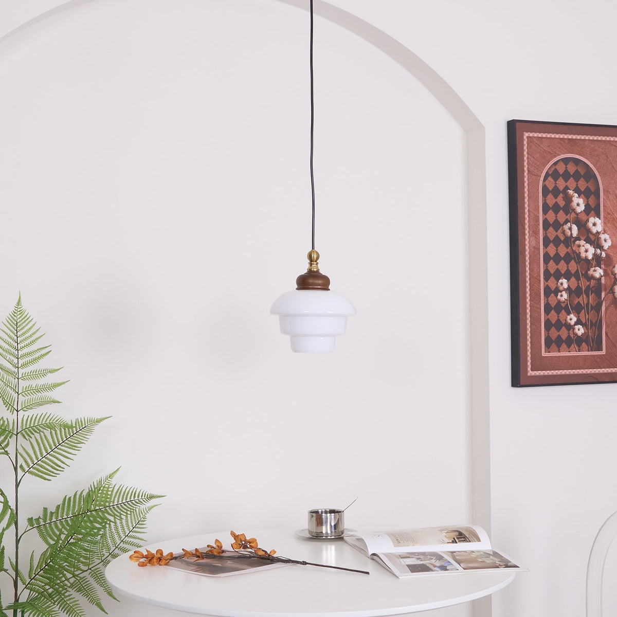 Glass Shade Hanging Lamp 6.3 Inch with Wood Accent for Kitchen Island Dining Table Overhead Fixture E26 Socket Adjustable Cord Dimmable Comp